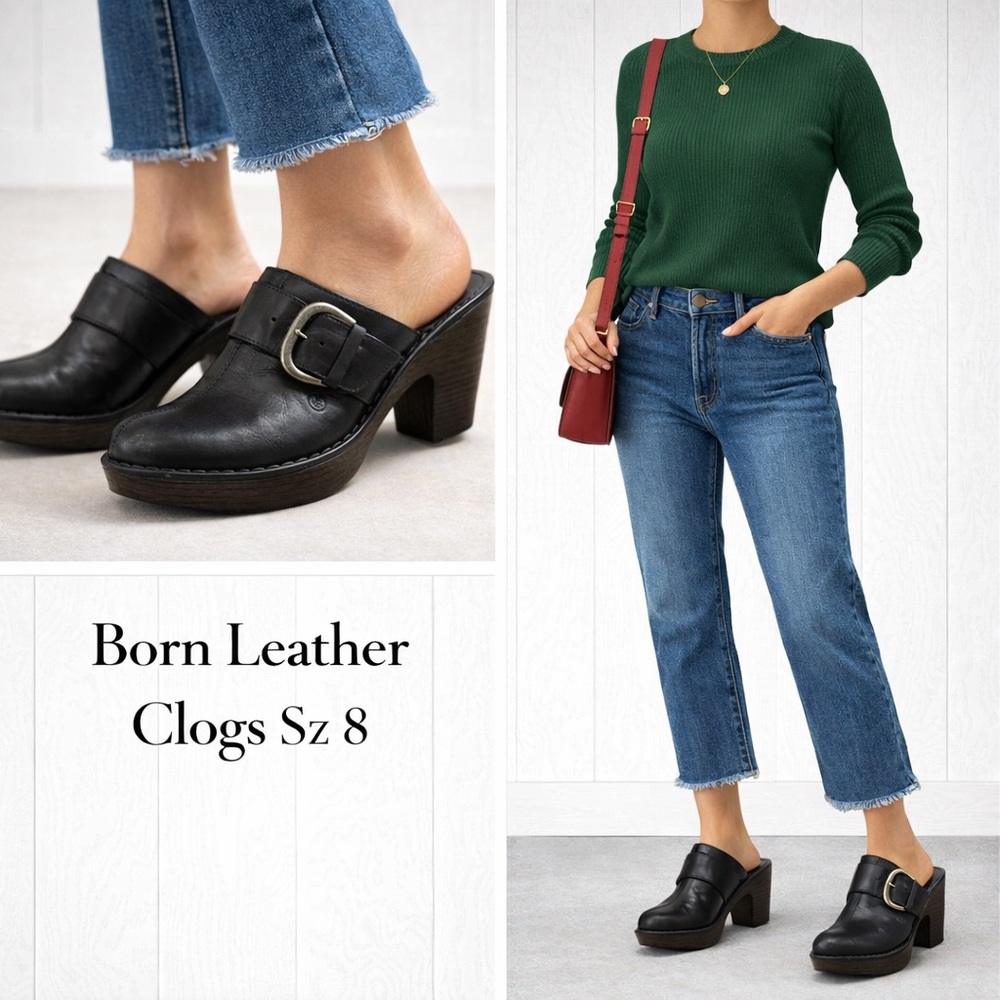 NEW Black Leather Biker Clogs 3.5 Chunky Heel Buckle Moto Platform Shoes Sz 8 - Picture 3 of 14
